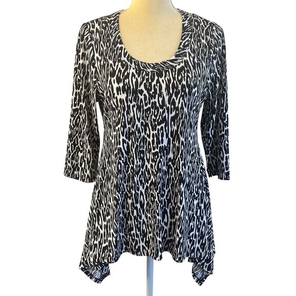 Chaus New York Animal Print Tunic Top Scoop Neck 3/4 Sleeve Black White Medium - Picture 1 of 9